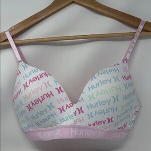Hurley Logo Print Bra 36C Pink Y2K Surf Girl Pastel Skater Padded Bra Wireless